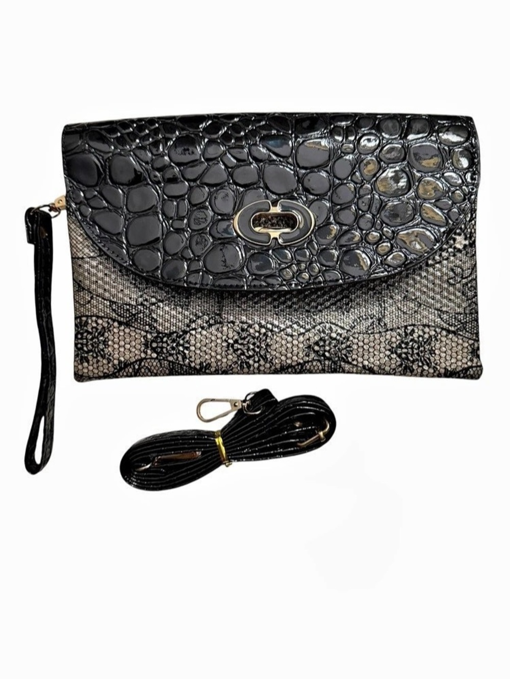 Faux Croco Vegan Black & Brown Lace Wristlet Clutch Putse